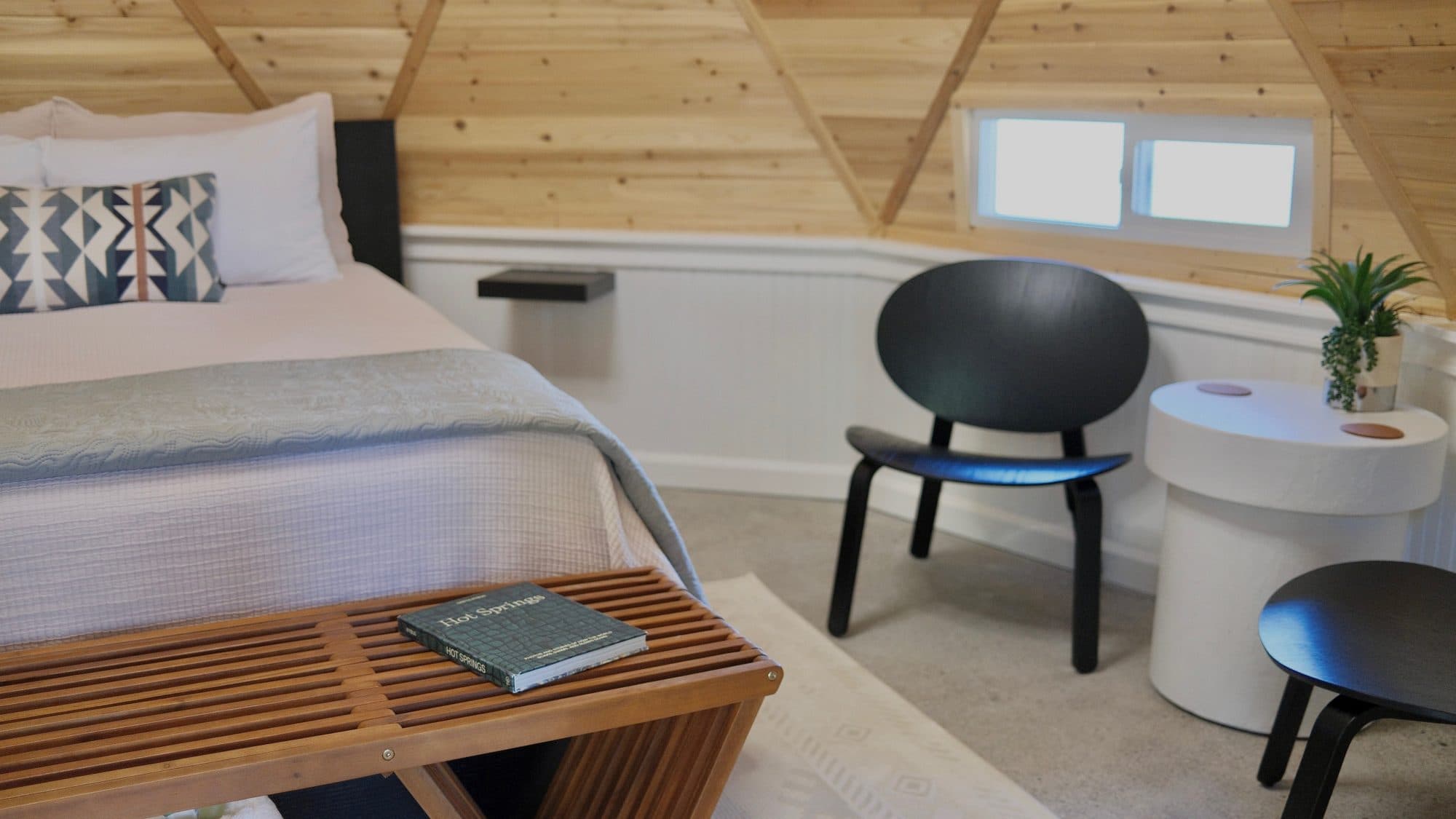 Interior of a geodesic dome lodging unit at a resort property