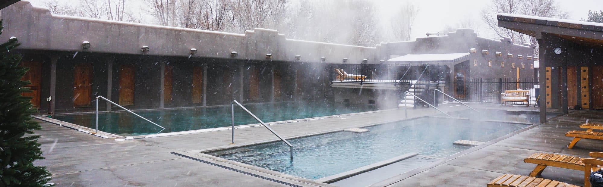 Panoramic view of Miracle Hot Springs pools in winter