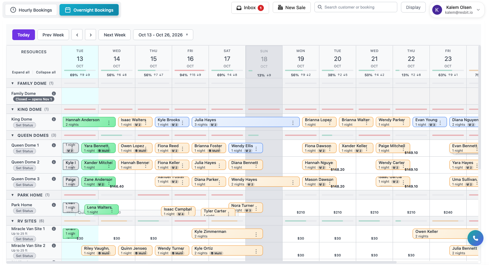 Overnight lodging calendar with cabins and date-range stays alongside hourly bookings