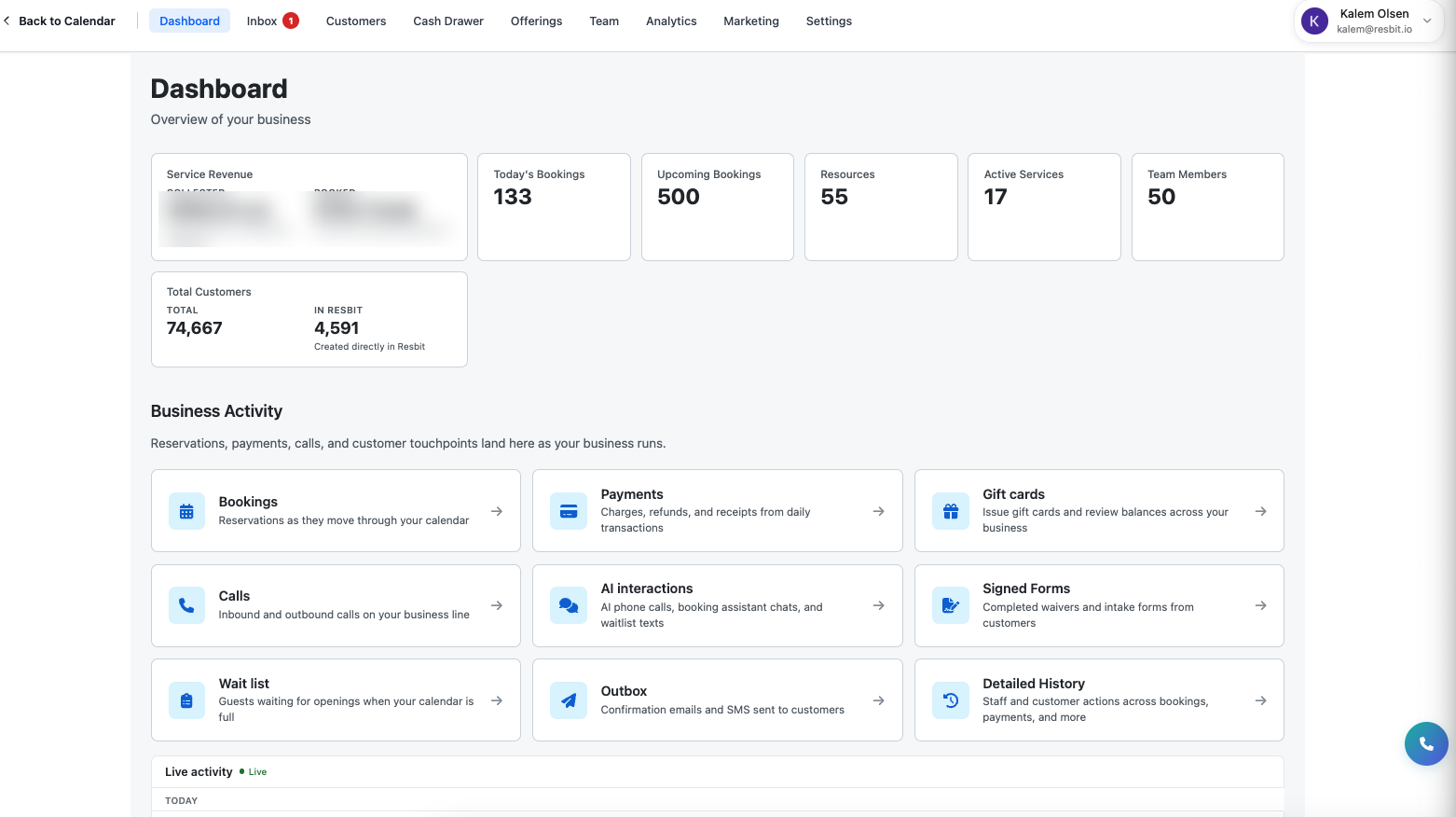 Whole-property analytics dashboard with revenue across soaks, stays, and retail
