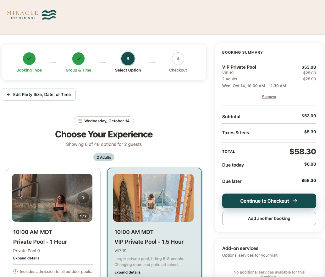 Guest chooses a VIP private pool with the booking summary cart visible